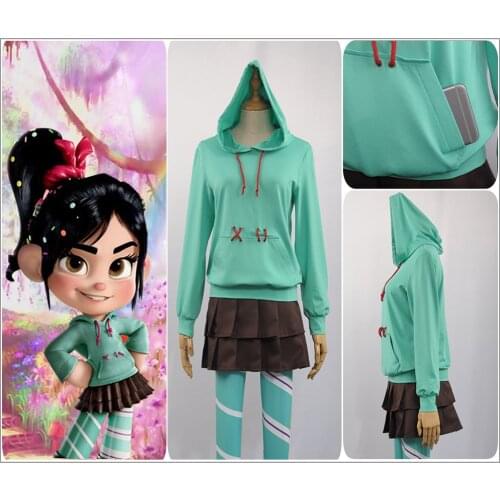Ralph Breaks the Internet: Wreck-It Ralph 2 Vanellope von Schweetz Cosplay Costume Green Hoodies Green Pantynose Skirt in stock