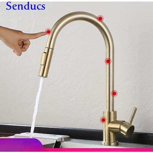 Gold Touch Kitchen Faucet Senducs Pull Out Touch Kitchen Mixer Tap Quality Stainless Steel Water Tap Gold Sensor Kitchen Faucet