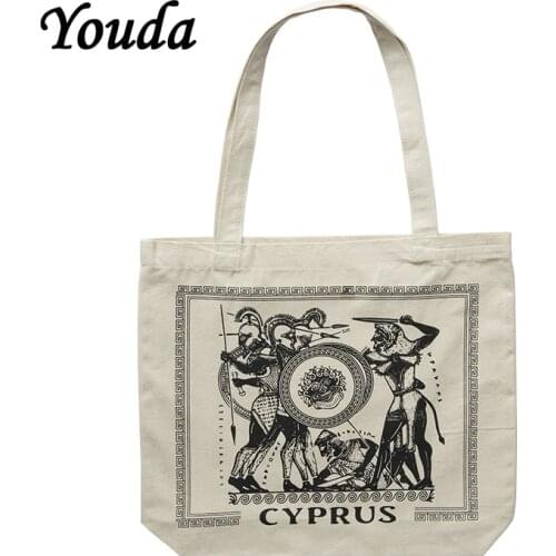 Youda Greek Vintage Canvas Bag Mythical Characters Print Shoulder Bags Solid Color Shopping Tote Elegant Simple Minority Handbag