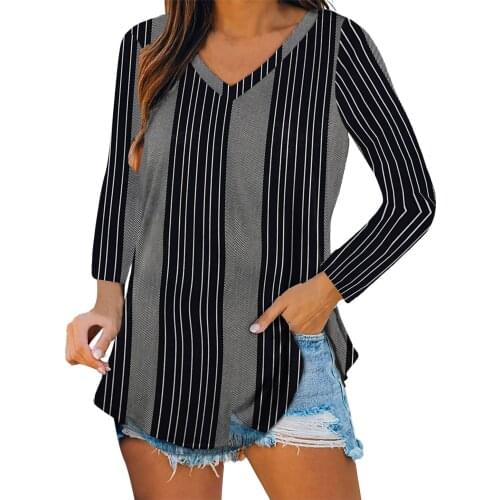 Womens Long Sleeve Blouse V Neck Stripe Printed Blouse Tops Loose Fashion Casual Shirt Blouse Блузка Женская 2021 #PY