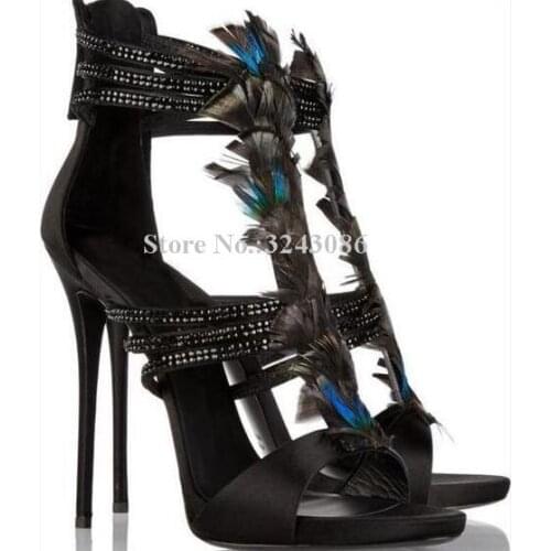 New Crystal Strap Feather Lady Sandals Shoes Sexy Peep Toe Rhinestone Stiletto Heel Gladiator Sandals Women Party Shoes Dropship