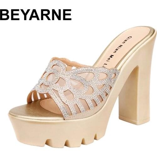 BEYARNEBlock Heels Womens Slippers New Fashion 2021 Microfiber Leather Shoes Summer Female High Heels Cutout Platform Shoes for