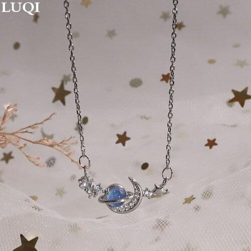 Fashionable Womens S925 Silver Micro-inlaid Zircon Planet Moon Pendant Temperament Necklaces BAIXING
