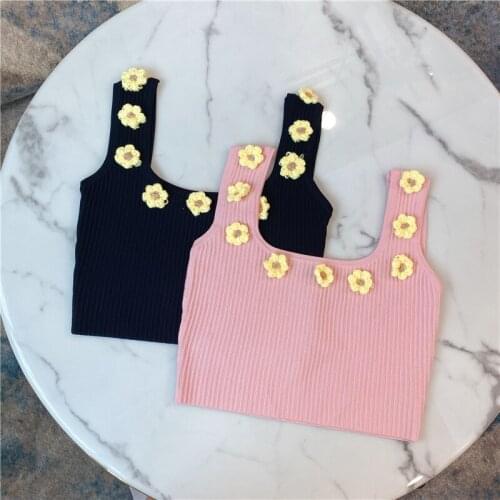 2020 Popular Daisy Small Yellow Flowers Tight Short Knitted Tank Top Female Crop Top Slim Shirt Tops Woman Clothes