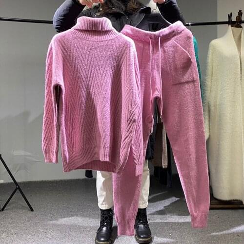 2021 warm HIgh neck collar Two-piece set Pink Sweet Knitted Sweater Pullover & High Waist Pants Sportswear Set2056