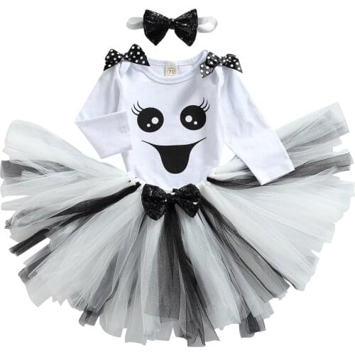 Lioraitiin 0-24M Infant 3 Pcs Baby Girls Halloween Casual Outfits Cartoon Long Sleeve Romper with Bowknot Tulle Skirt Headband