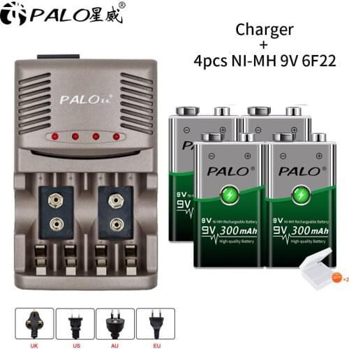 4pcs 9V 6F22 300mAh ni-mh rechargeable battery + smart LED charger for AA AAA 9V 6F22 Ni-MH Ni-Cd travel EU US UK AU plug