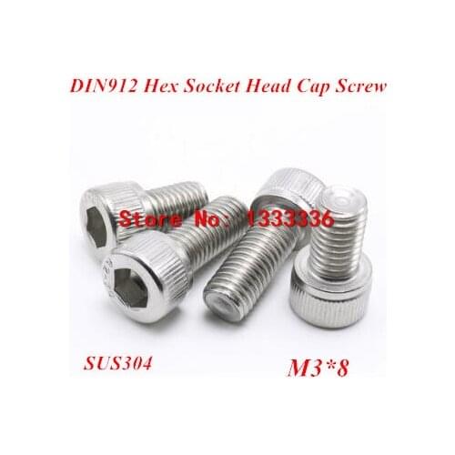 500pcs M3*8 Hex socket head cap screw, DIN912 304 stainless steel Hexagon Allen cylinder bolt, cup screws