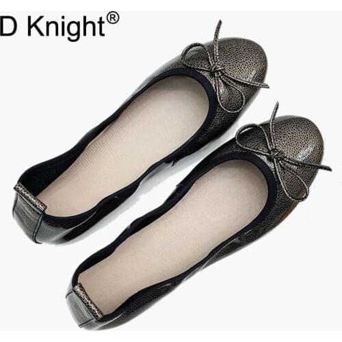 Fashion Bow Round Toe Women Ballet Flats Shoes Genuine Leather Women Shoes Loafers Patent Soft Comfortable Flats Ladies Shoes