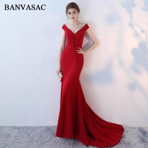 BANVASAC 2018 Sexy V Neck Crystal Mermaid Long Evening Dresses Party Sash Short Cap Sleeve Sweep Train Prom Gowns