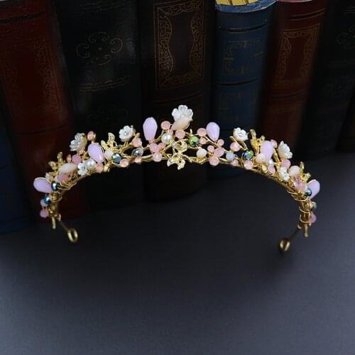 Pink Crystal Flower Children Headwear Princess Crown Queen Tiaras Bride Crowns Pageant Prom Diadem Wedding Hair Accessories