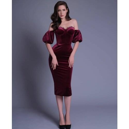 Elegant Short Velvet Navy Blue Sheath Prom Dresses Corset Back Under Knee Length Robe De Soiree Formal Party Gown