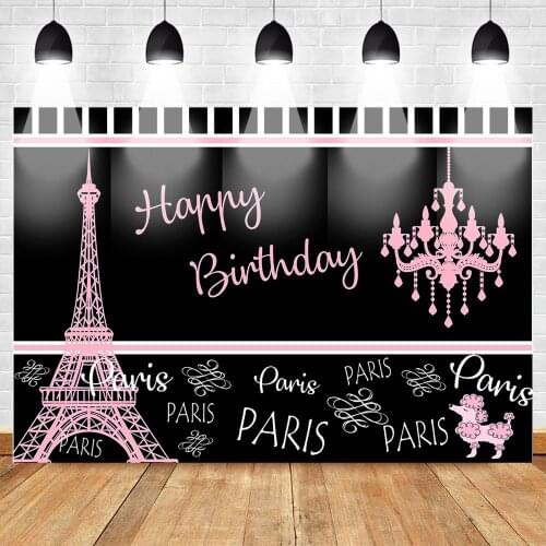 Mocsicka Birthday Pairs Backdrop for Photography Eiffel Tower Birthday Party Cake Table Decor Background Black Pink Backdrop
