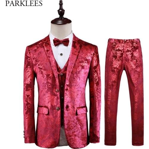 Luxury Red Paisley Floral Steampunk 3 Piece Suit Set Men Wedding Prom Dress Suits With Pants Mens Slim Fit Stage Costume Homme