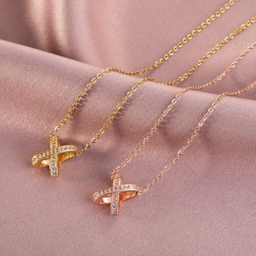 New Design X Shaped Crystal Pendant Necklace For Women Girls Geometric Copper Charms Stainless steel Chain Choker Jewelry Gifts