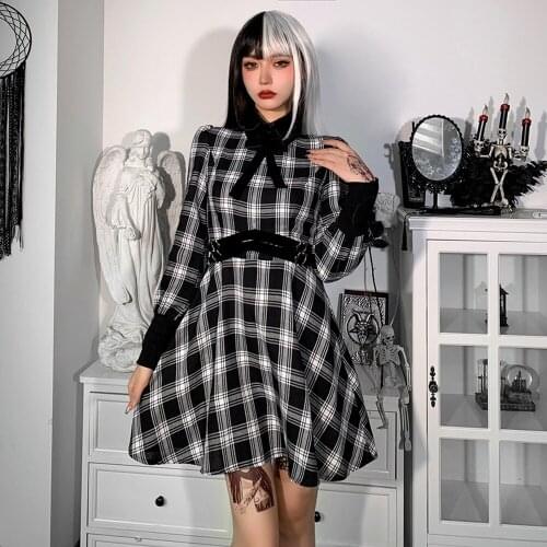 Plaid Sashes Autumn Dresses Women Vintage Harajuku Long Sleeve A-LINE Dress Sexy Bodycon Punk Elegant Party Dress