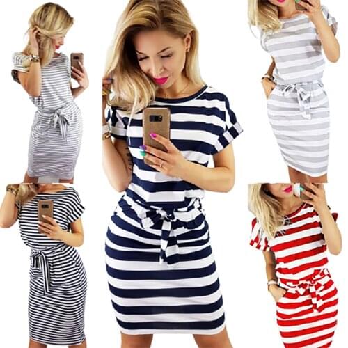 Striped Print Women Casual Dress Short Sleeve O-Neck Slim Mid Dress Plus Size Female Belt Summer Dress Streetwear Vestido 3XL