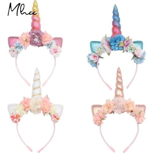 Birthday Party Handmade Cute Unicorn Headband Kids Sweet Flower Horn Hair Band Fashion Floral Crown Headwear Hair Accessories