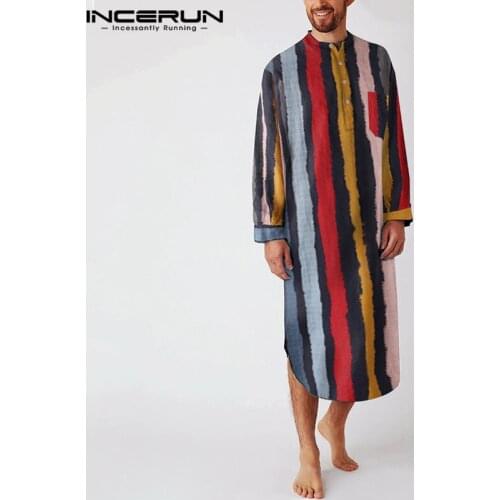 Men Long Sleeve Round Neck Homewear Loose Pockets Nightgown INCERUN Fashion Striped Sleep Robes Cozy Cotton Men Bathrobes S-5XL