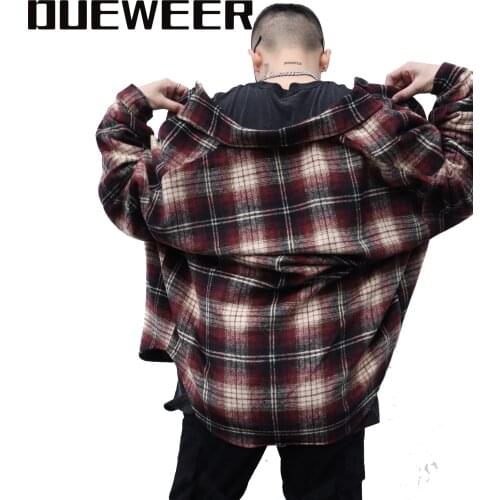 Dueweer Retro Streetwear Lattice Shirts Woollen Plaid Shirt Jacket Oversized Men Jackets Outwear Autumn Winter Urban-clothing