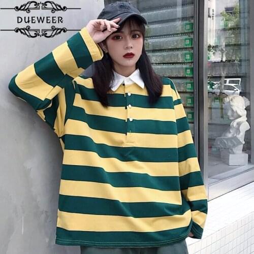 Dueweer Hoodies Womens Streetwear Women Turn-Down Collar Striped Loose Long Sleeve All-match Korean Style Leisure High Quality