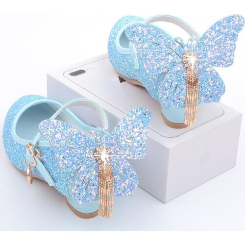 New Kids Leather Shoes Fashion Fringed Butterfly Knot Girls Princess Shoes Casual Glitter Children High Heel Student Dance Shoes