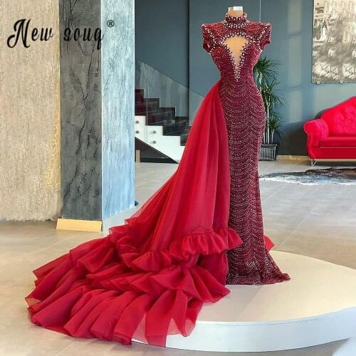 Wine Red Glitter Crystals Beaded Evening Dress High Neck Long Prom Gowns Women Dress with Ruffles Tailing Vestidos De Fiesta