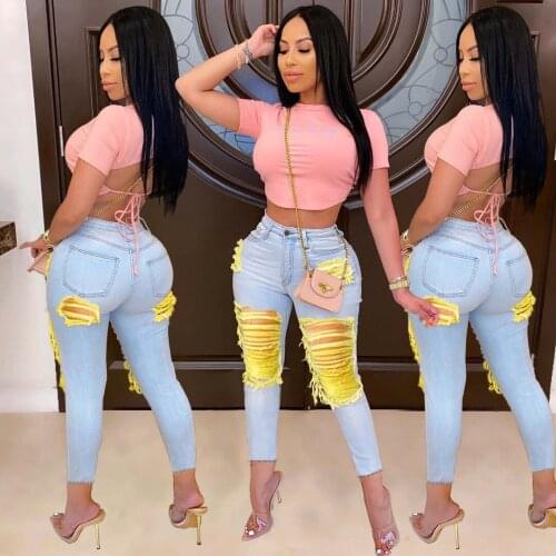 Women Pants Streetwear Spot Europe United States Fashion Hole Cowboy Nine Minutes Of Pants Pants For Women Dropshipping WYM9037