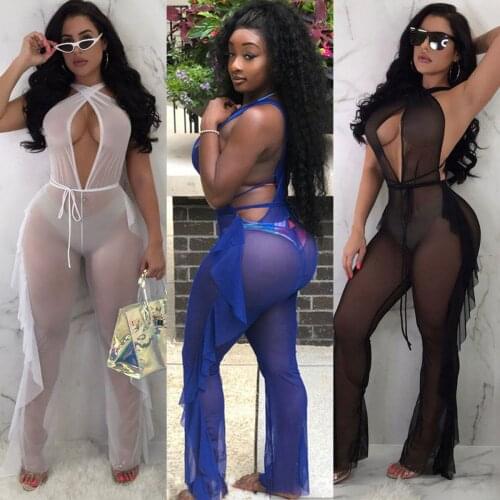 Ladies Top sexy solid color halter Ruffles See Through Bandage Jumpsuit Summer Party Holiday Beach Clubwear 2020 Newest Trendy
