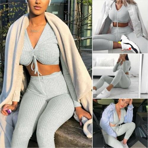 Women Knit Crop Top Lounge Wear Suit Long Sleeve V-neck Shirt Trousers Ladies 2pcs Slim Tracksuit Set Casual
