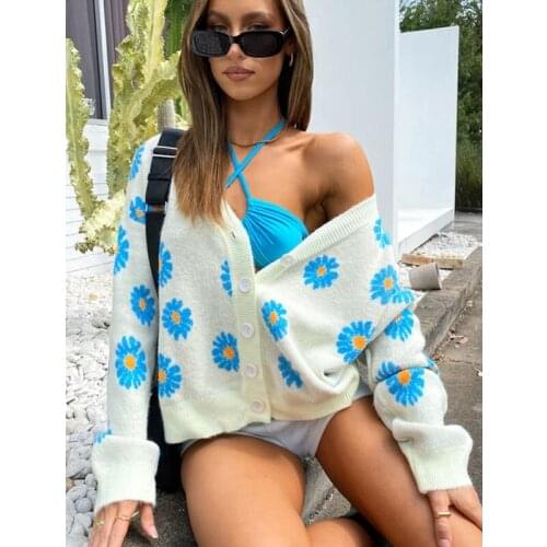 AYUALIN Boho Floral Knitted Sweaters For Women Cardigan 2022 Vintage Long Sleeve V neck Spring Autumn Warm Coat Loose Jumpers