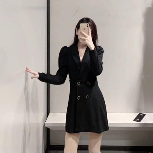 JUNWU Spring Autumn Womens Black Suit Collar Double-Breasted Long-Sleeved Dress With Waist Waist Design Elegant Retro British