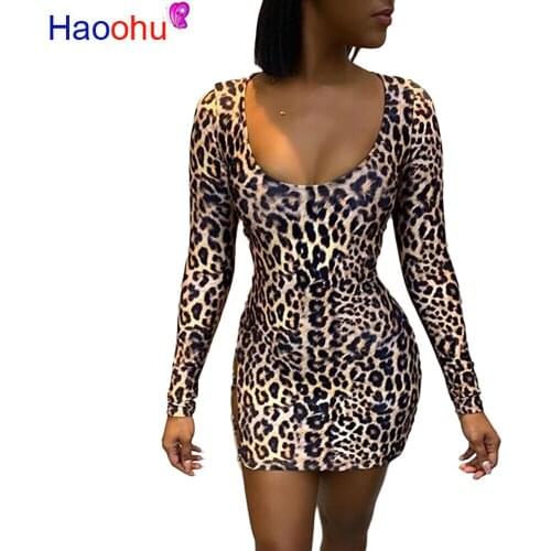 Women Leopard Print Bodycon Dress Criss-cross Lace Up Cut Out Backless Long Sleeve Mini Dresses Sexy Night Club Party Wrap Robe