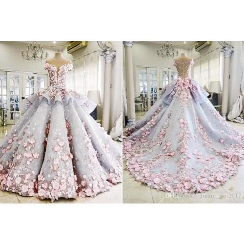 Sweetheart Short Sleeve Ball Gown Wedding Dresses 3D-Floral Appliques Pink lace Luxury Bridal Dress Vestidos De Novia