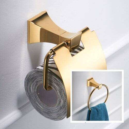 Gold Toilet Paper Holder Gold Polished Towel Ring Wall Mount Square art luxury bathroom accessories set