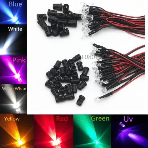 20-100pcs 3mm/5mm Red/Green/Blue/RGB white UV DC12V Round Pre-Wired Water Clear LED With Plastic Holder