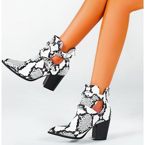 2021 Motorcycle Western Cowboy Boots Women Snake PU Leather Short Cossacks High Heels Cowgirl Booties Buckle Ankle botas Shoes