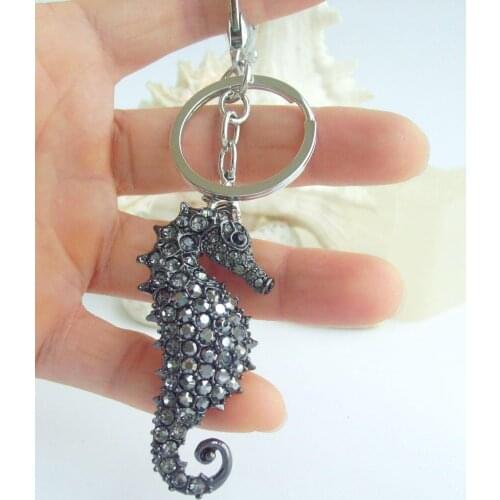 Black-Tone Lovely Seahorse Keychain Pendant Black Gray Rhinestone Crystal K02254C11