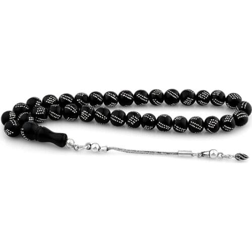 Black Round Raw Jet Stone Prayer Bead With Silver Inlay Men Rosary With Silver Tassel Islamic Tasbih 925k Silver