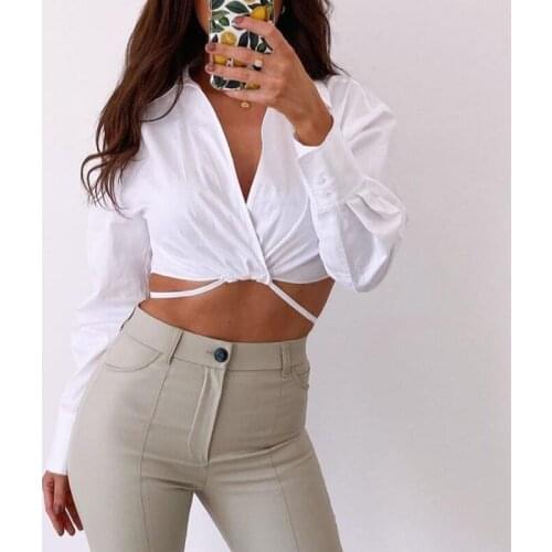 Casual Bandage Women Shirts Lapel Sexy Long Sleeves Women Blouses Button Fashion Night Club Crop Tops Lady Spring 2021