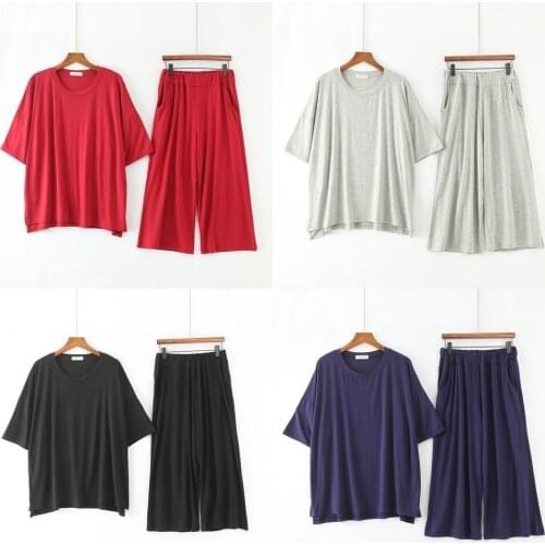 Summer Female Modal Cotton Pajamas Suit Short-sleeve Shorts Loose Large Size Pajamas Wide-leg Pants Home Service Womens Pajamas