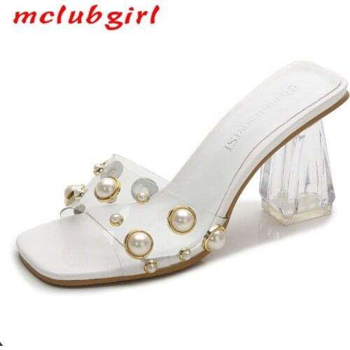Mclubgirl Summer Thick Heel Large Size Square Head Sandals Casual Wear Rhinestone Transparent Heel Open Toe Female Sandals WZ