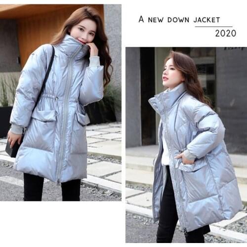 New Bright 90% White Duck Down Winter Down Jacket Women Length Loose Padded Coat Stand Collar Thick Bread Jacket Women Down Coat
