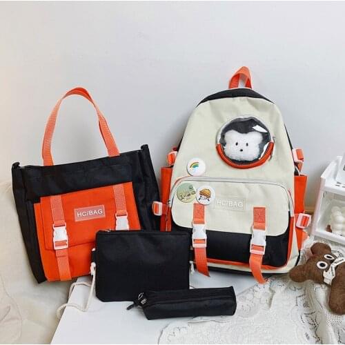 New 4Pcs/set Canvas School Backpacks Women Lovely School Bags for Teenage Girls Bookbags Students Travel Shoulder Bags Female 50
