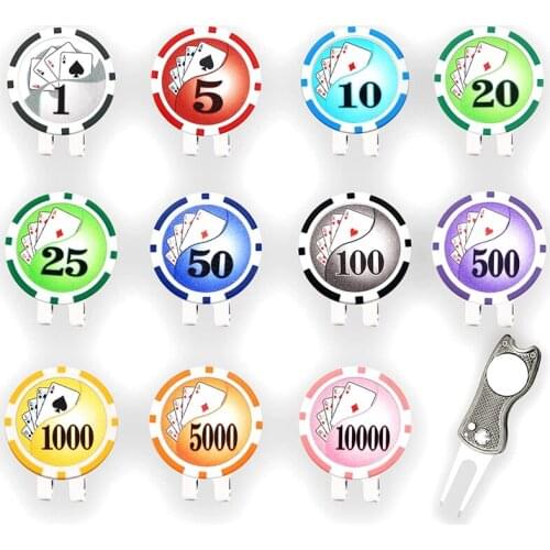 New-Poker Chip Golf Ball Marker with Golf Hat Cap Clips and 1 Golf Divot Repair Tool, Premium Gifts for Men Women Golfer