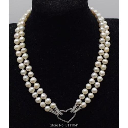 2rows freshwater pearl white near round 8-9mm necklace 18-19inch wholesale beads nature FPPJ woman heart clasp