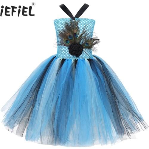 Cute Bowknot Mesh Girls Dresses Carnival Cosplay Performance Baby Girl Dress Peacock 3D Flower Feather Applique Tutu Dance Dress