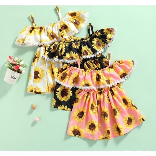 2021 Little Girl’s Casual Suspender Ruffles Dress Fashion Sunflower Boat Neck A-line Princess Dress