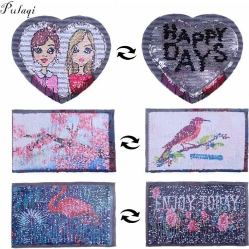 Pulaqi Modern Girl Sewing On Reversal Patches For Clothes Cartoon Flamingos Sequin Transfers DIY Applique For Clothing Decor F