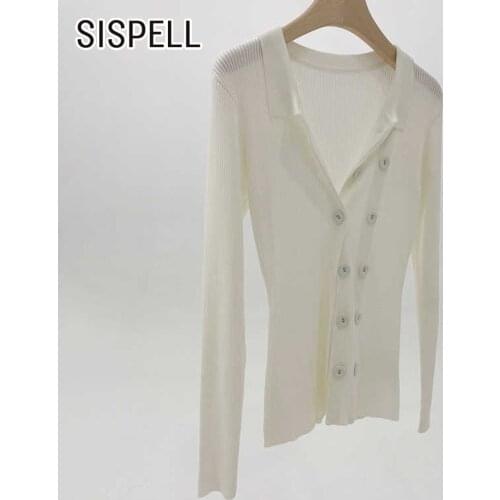 SISPELL Patchwork Double-breasted Sweater For Female V Neck Long Sleeve High Waist Slimming Solid Color Womens Casual Sweater